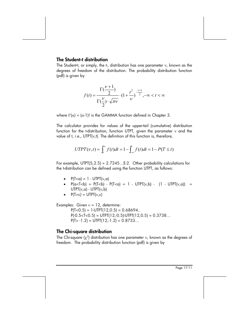 The student-t distribution, The chi-square distribution | HP 49g+ User Manual | Page 560 / 862