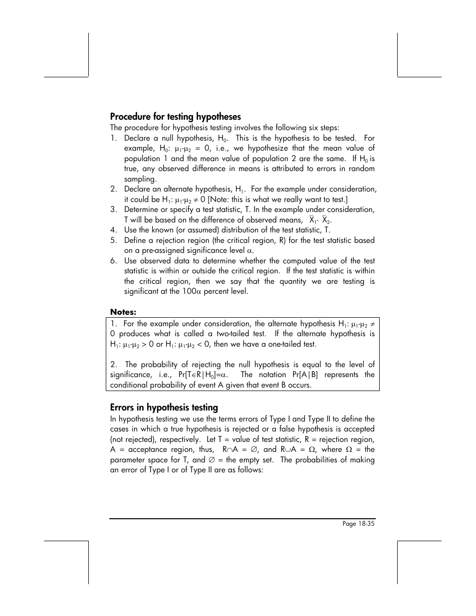 Procedure for testing hypotheses, Errors in hypothesis testing | HP 49g+ User Manual | Page 602 / 862