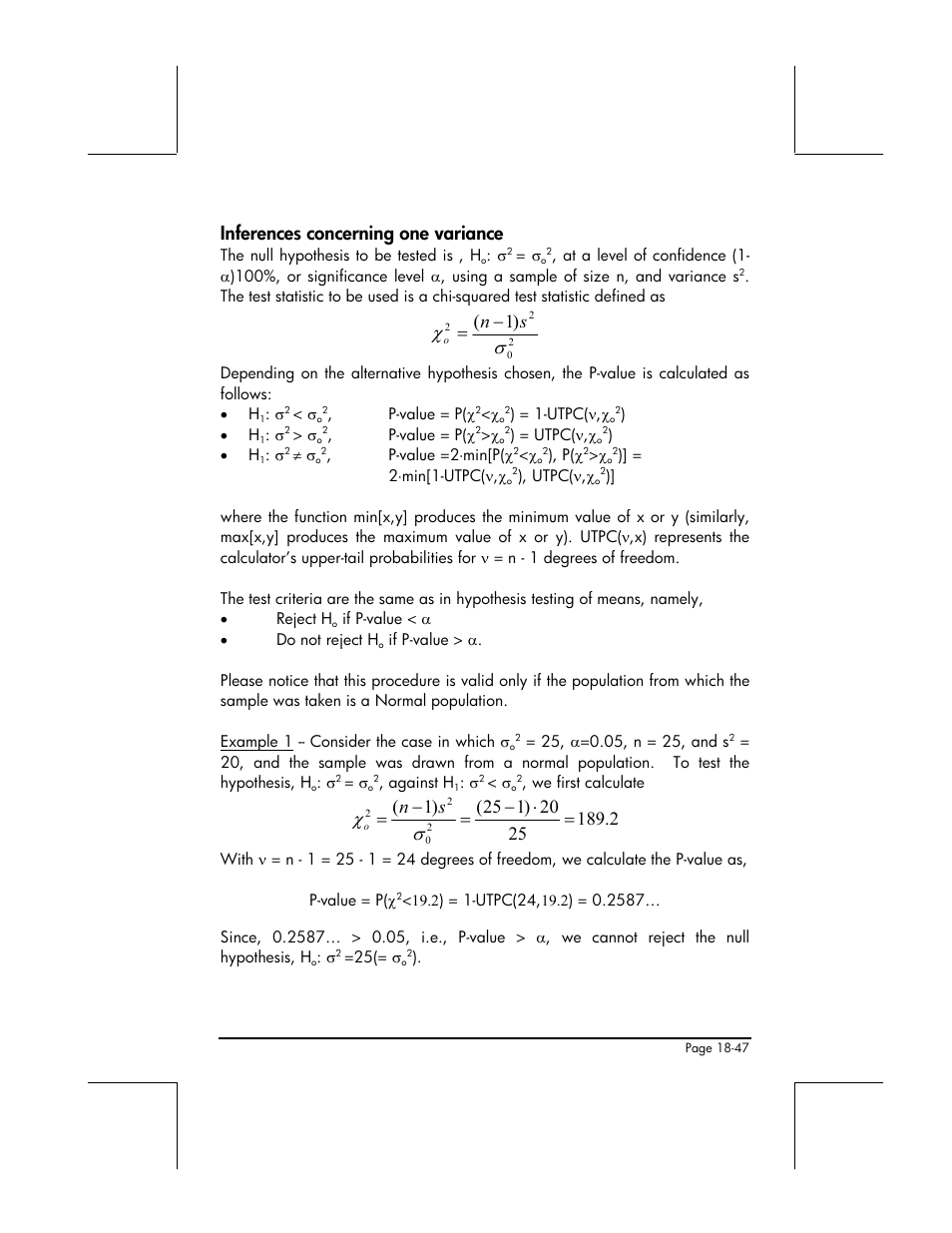 Inferences concerning one variance, 1 ( σ χ s n, Σ χ s n | HP 49g+ User Manual | Page 614 / 862