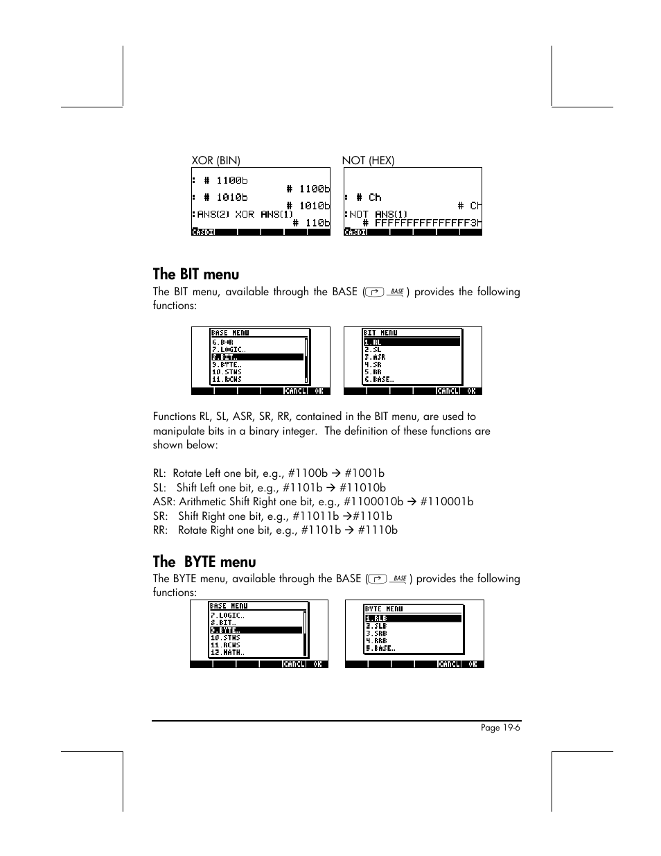 The bit menu, The byte menu | HP 49g+ User Manual | Page 637 / 862