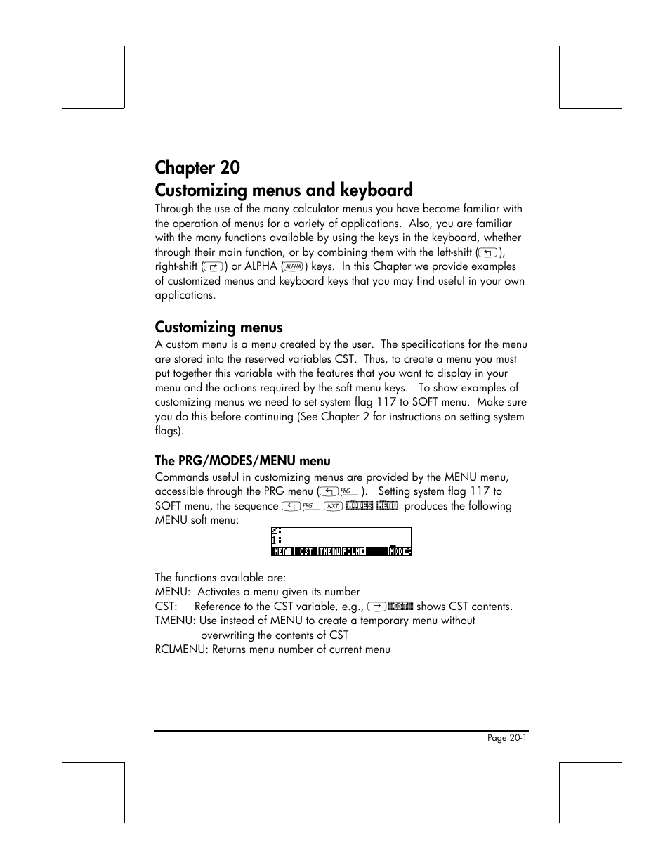 Chapter 20 customizing menus and keyboard, Customizing menus, The prg/modes/menu menu | HP 49g+ User Manual | Page 639 / 862