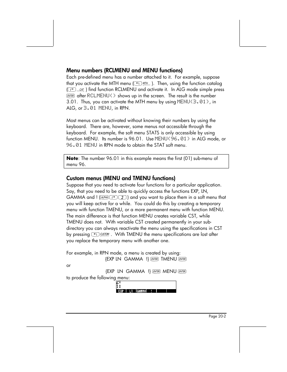 Menu numbers (rclmenu and menu functions), Custom menus (menu and tmenu functions) | HP 49g+ User Manual | Page 640 / 862