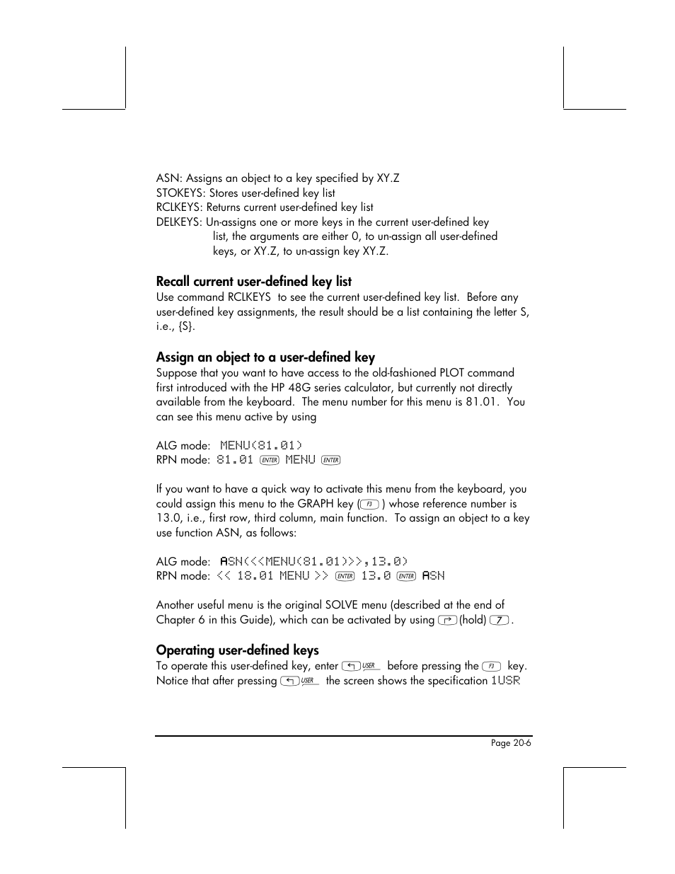 Recall current user-defined key list, Assign an object to a user-defined key, Operating user-defined keys | HP 49g+ User Manual | Page 644 / 862