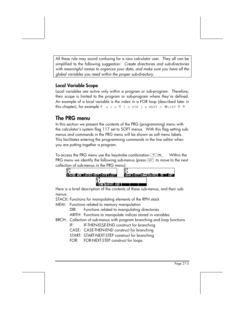 Local variable scope, The prg menu | HP 49g+ User Manual | Page 650 / 862