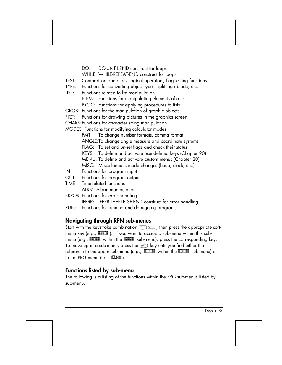 Navigating through rpn sub-menus, Functions listed by sub-menu | HP 49g+ User Manual | Page 651 / 862