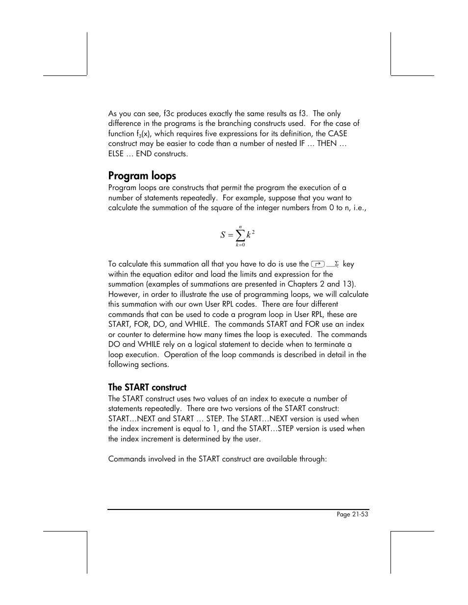 Program loops, The start construct | HP 49g+ User Manual | Page 698 / 862