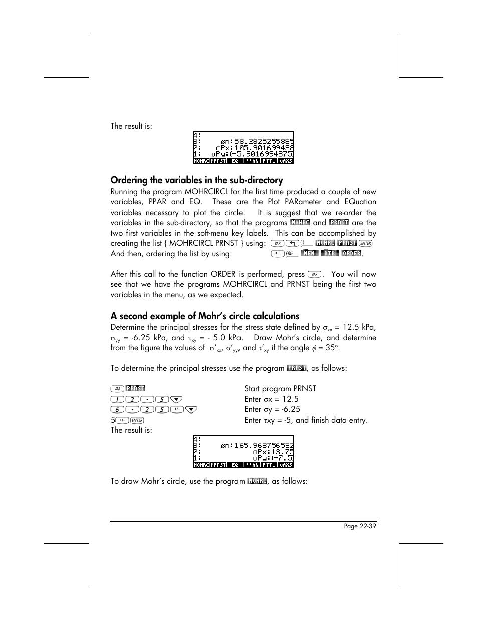 Ordering the variables in the sub-directory, A second example of mohr’s circle calculations | HP 49g+ User Manual | Page 751 / 862