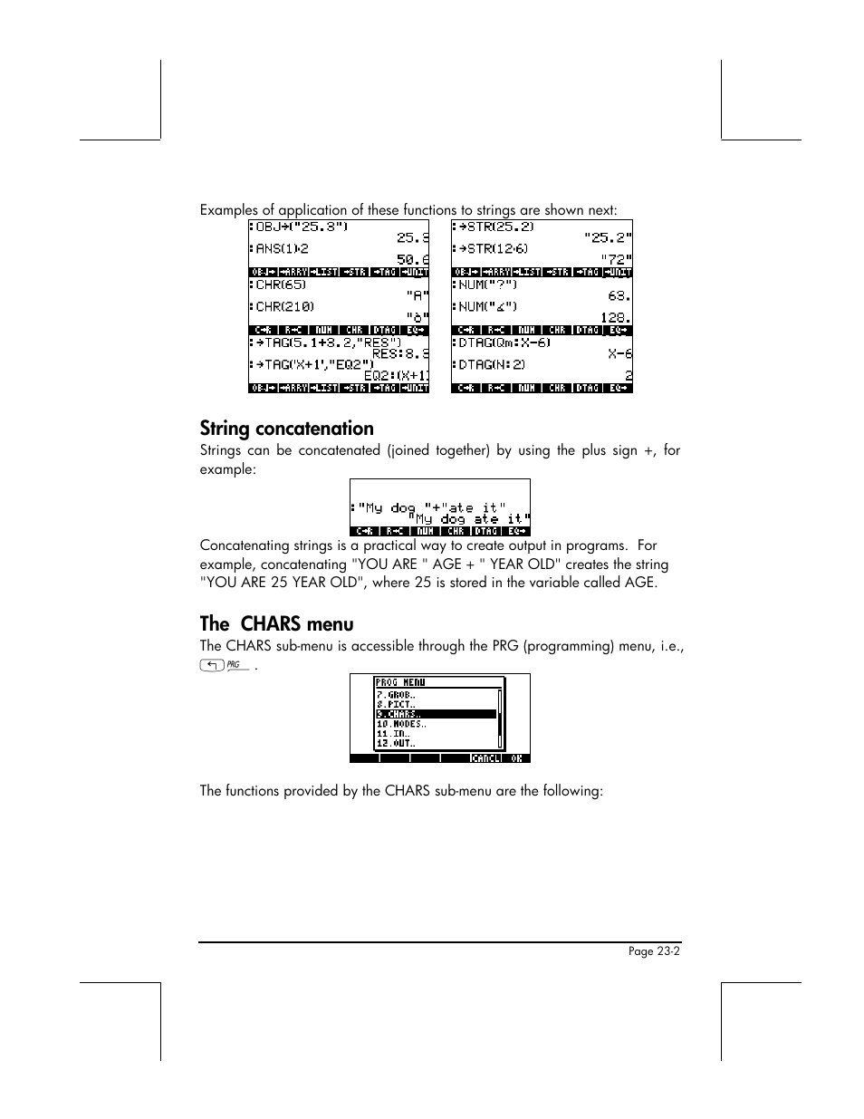 String concatenation, The chars menu | HP 49g+ User Manual | Page 755 / 862