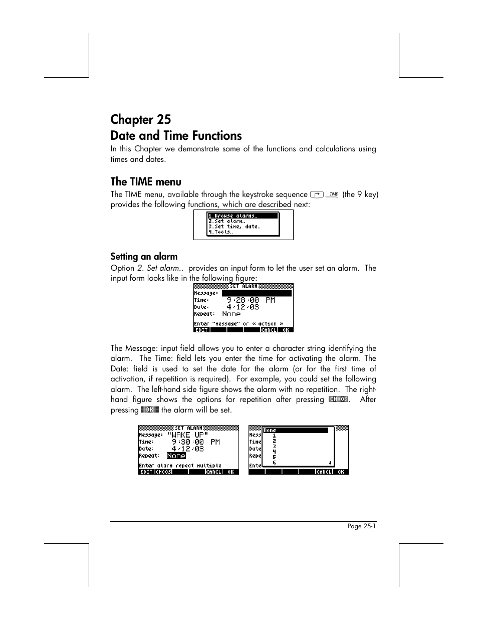 Chapter 25 date and time functions, The time menu, Setting an alarm | HP 49g+ User Manual | Page 762 / 862