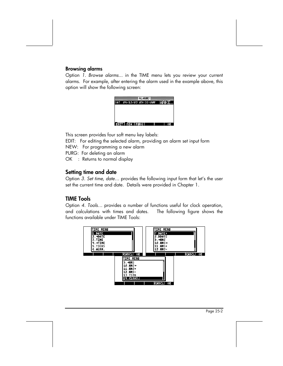 Browsing alarms, Setting time and date, Time tools | HP 49g+ User Manual | Page 763 / 862
