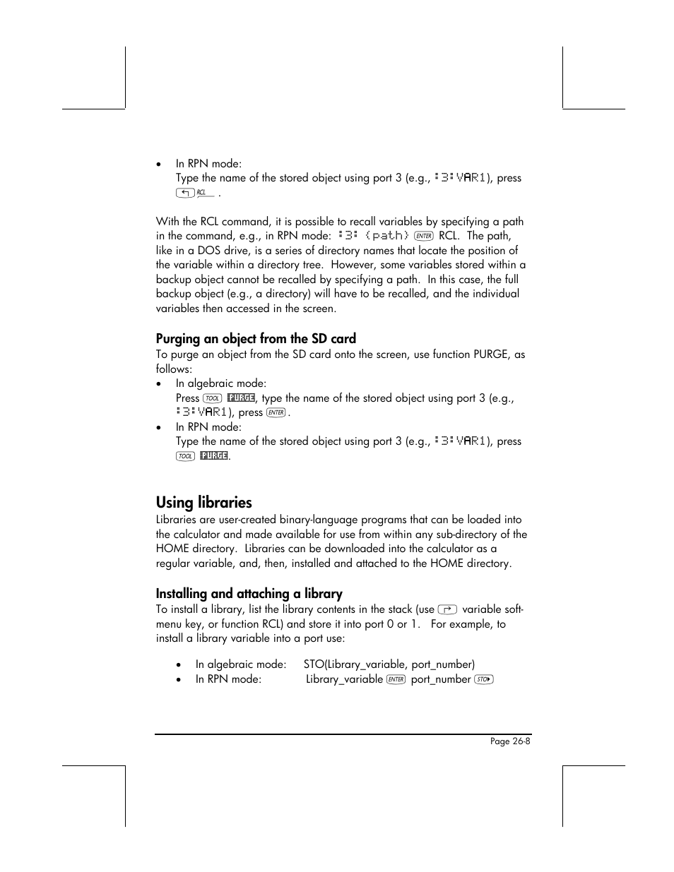 Purging an object from the sd card, Using libraries, Installing and attaching a library | HP 49g+ User Manual | Page 773 / 862