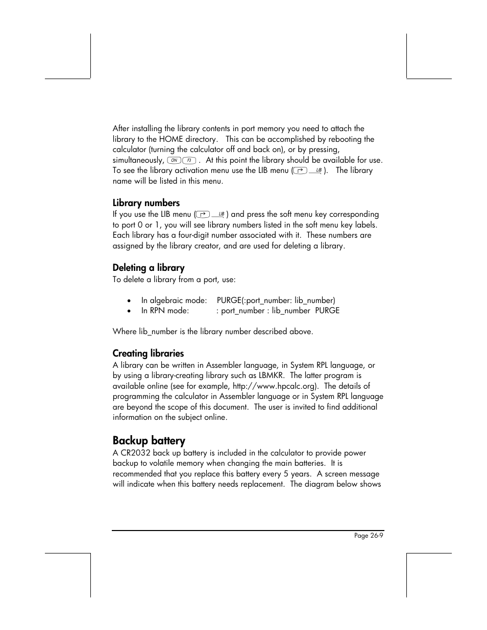 Library numbers, Deleting a library, Creating libraries | Backup battery | HP 49g+ User Manual | Page 774 / 862