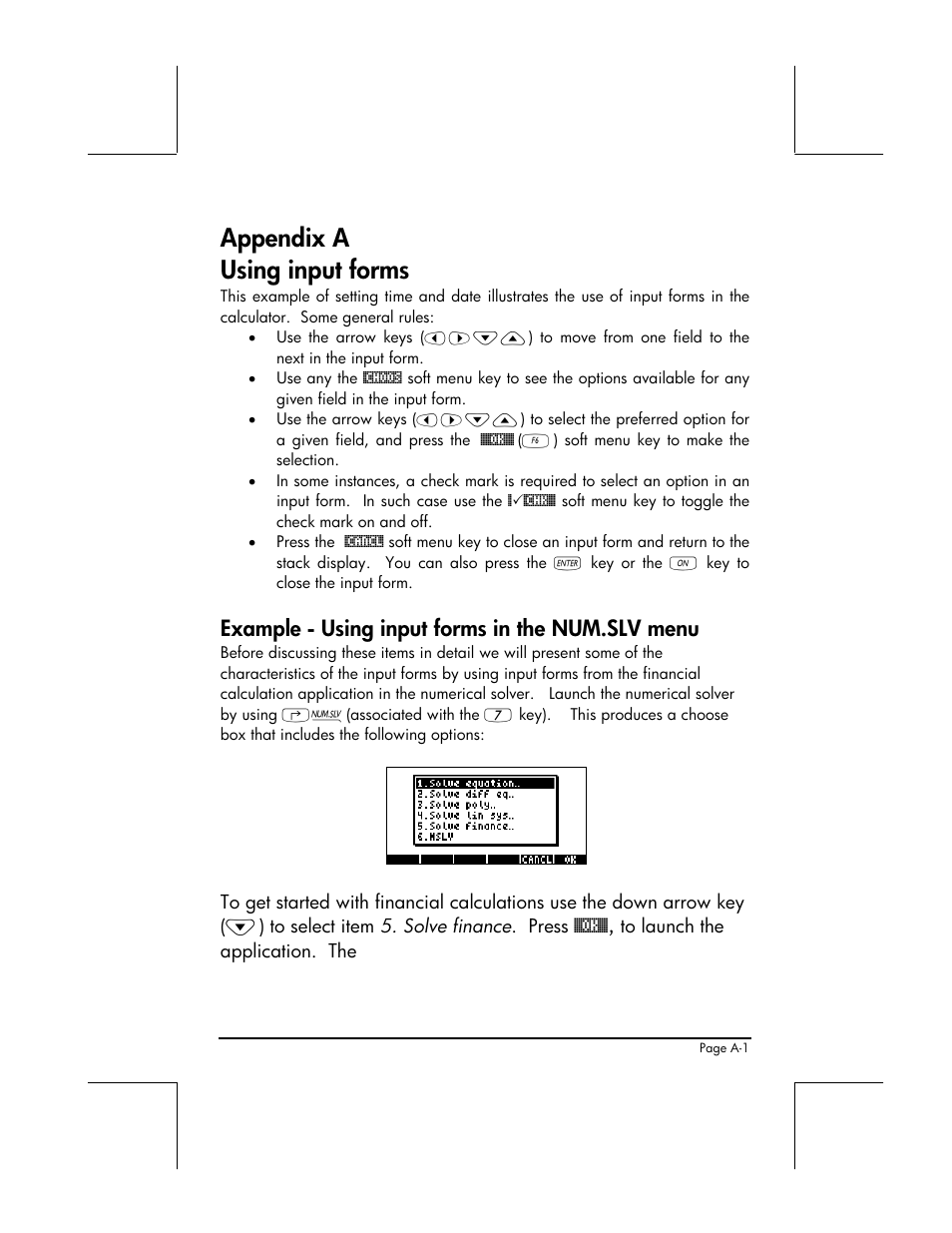 Appendix, Appendix a - using input forms, Appendix a using input forms | Example - using input forms in the num.slv menu | HP 49g+ User Manual | Page 776 / 862