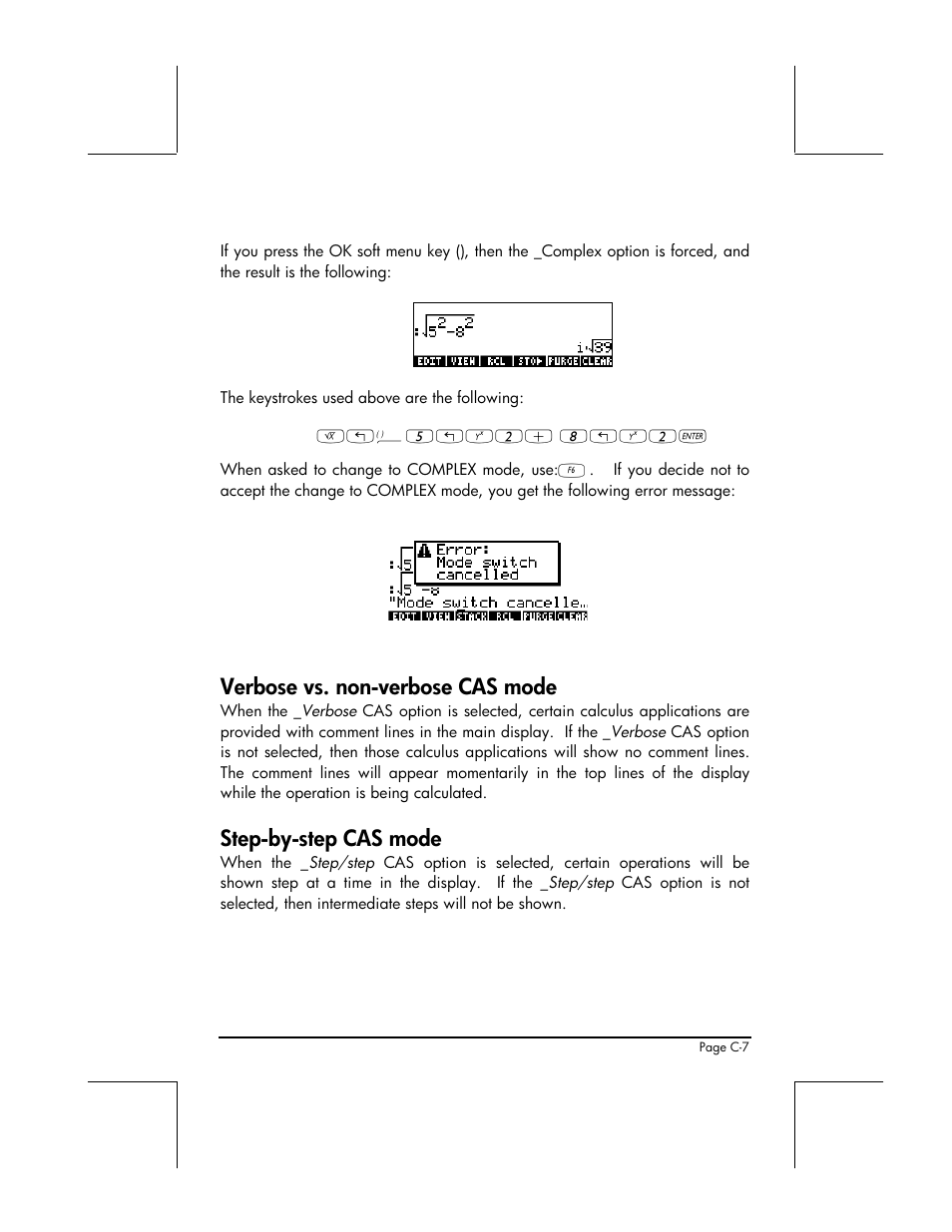 Verbose vs. non-verbose cas mode, Step-by-step cas mode | HP 49g+ User Manual | Page 799 / 862