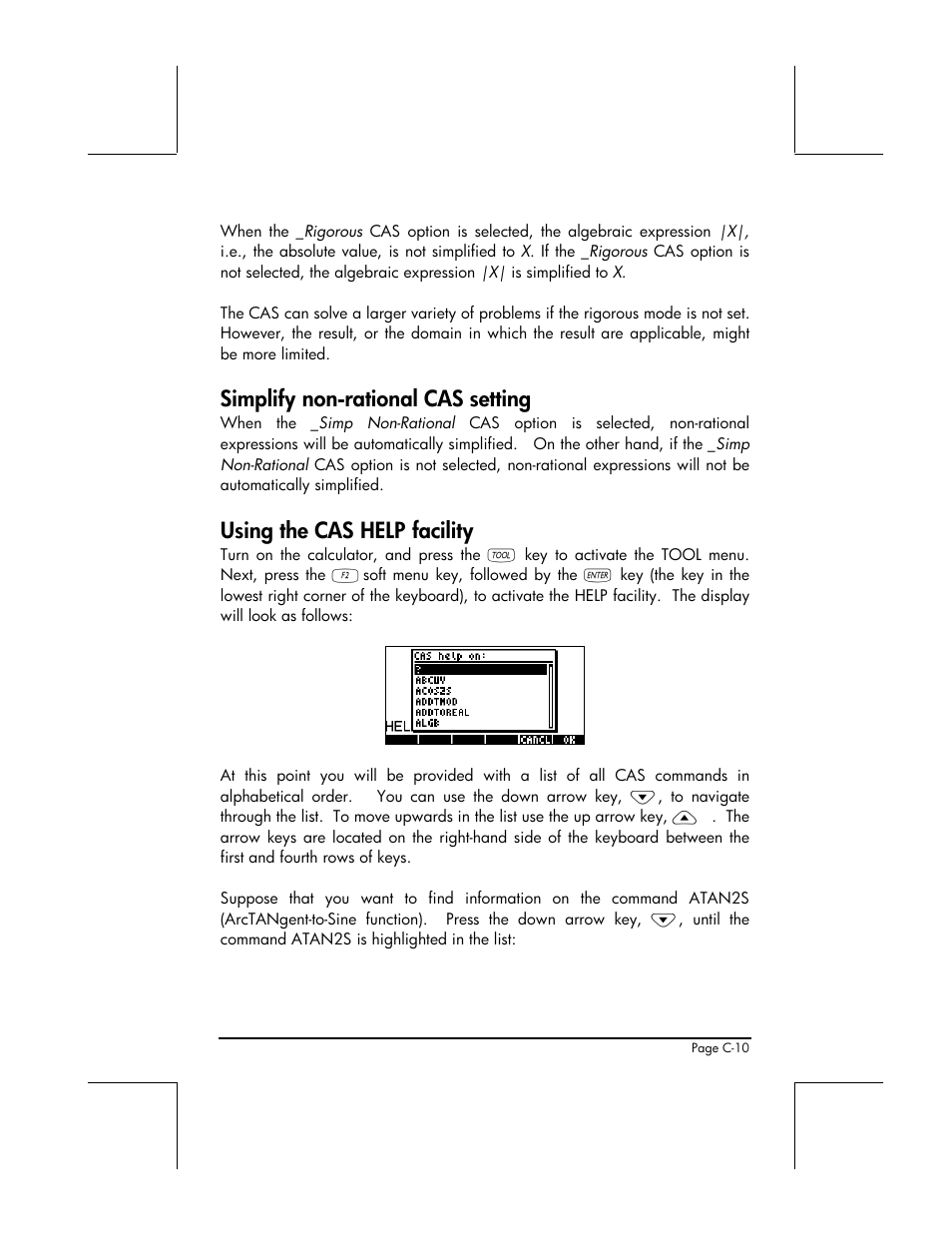 Simplify non-rational cas setting, Using the cas help facility | HP 49g+ User Manual | Page 802 / 862