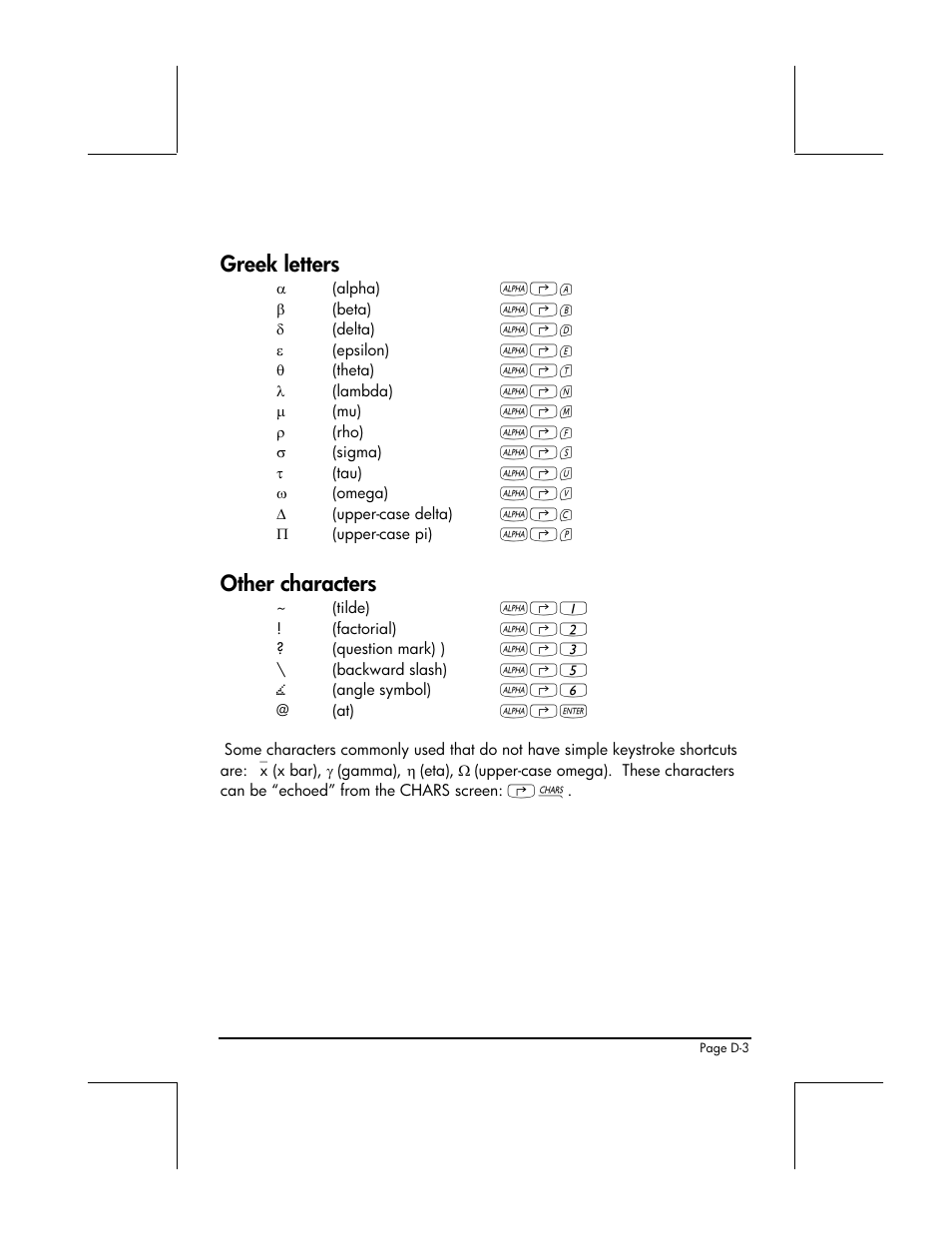 Greek letters, Other characters | HP 49g+ User Manual | Page 809 / 862