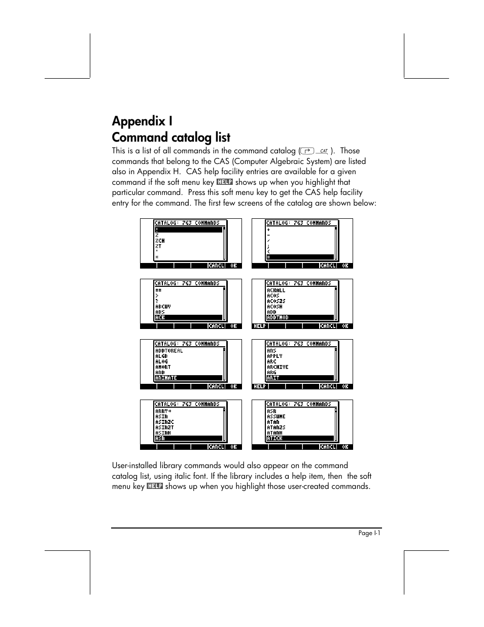 Appendix i - command catalog list, Appendix i command catalog list | HP 49g+ User Manual | Page 825 / 862