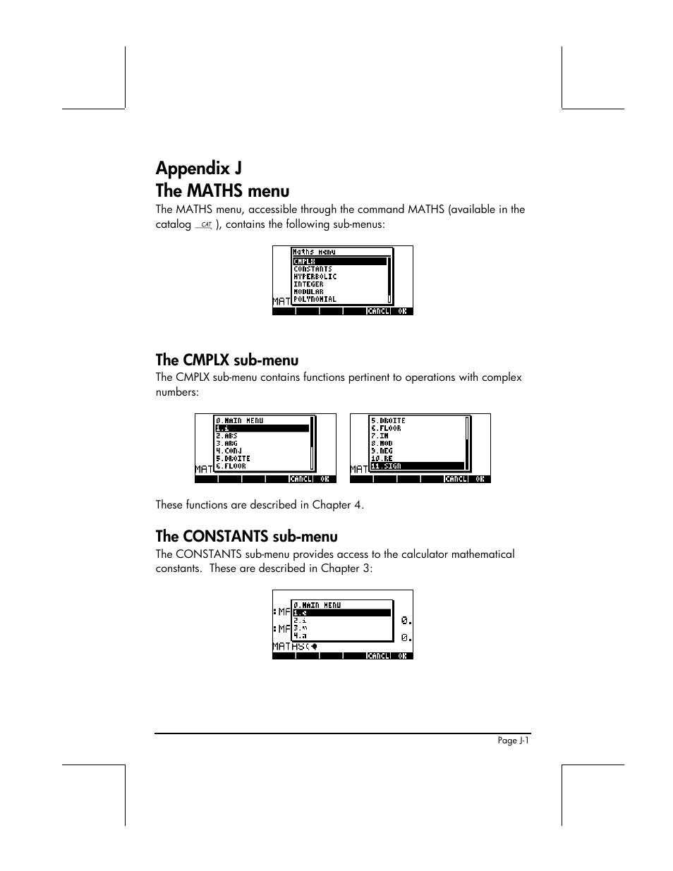Appendix j the maths menu, The cmplx sub-menu, The constants sub-menu | HP 49g+ User Manual | Page 826 / 862