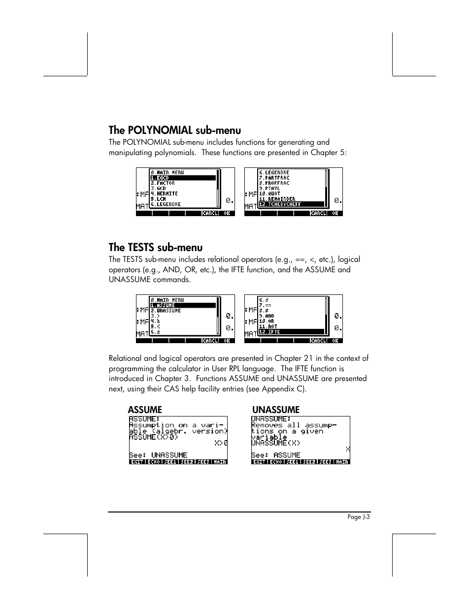 The polynomial sub-menu, The tests sub-menu | HP 49g+ User Manual | Page 828 / 862