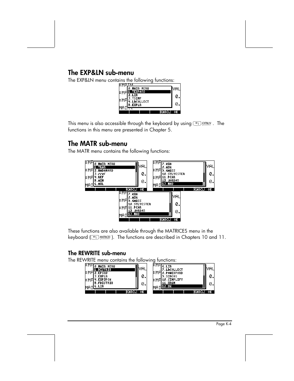 The exp&ln sub-menu, The matr sub-menu | HP 49g+ User Manual | Page 832 / 862