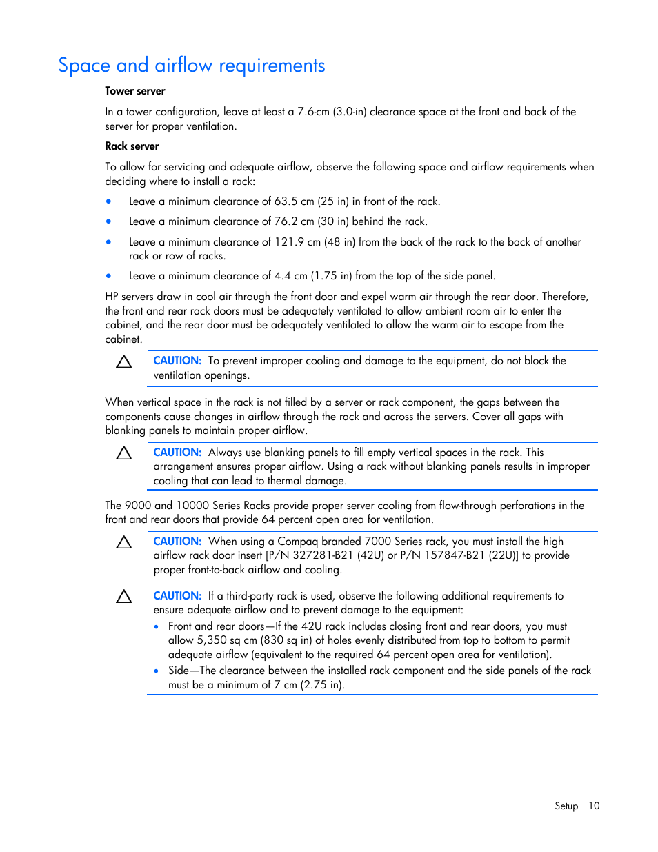 Space and airflow requirements | HP ML100 User Manual | Page 10 / 111