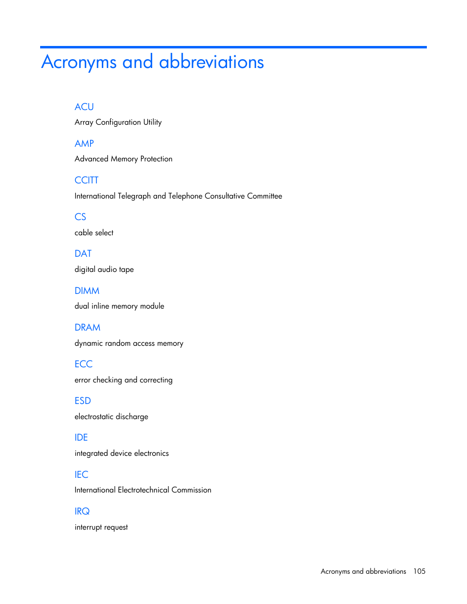 Acronyms and abbreviations, Acro abbreviations nyms and | HP ML100 User Manual | Page 105 / 111