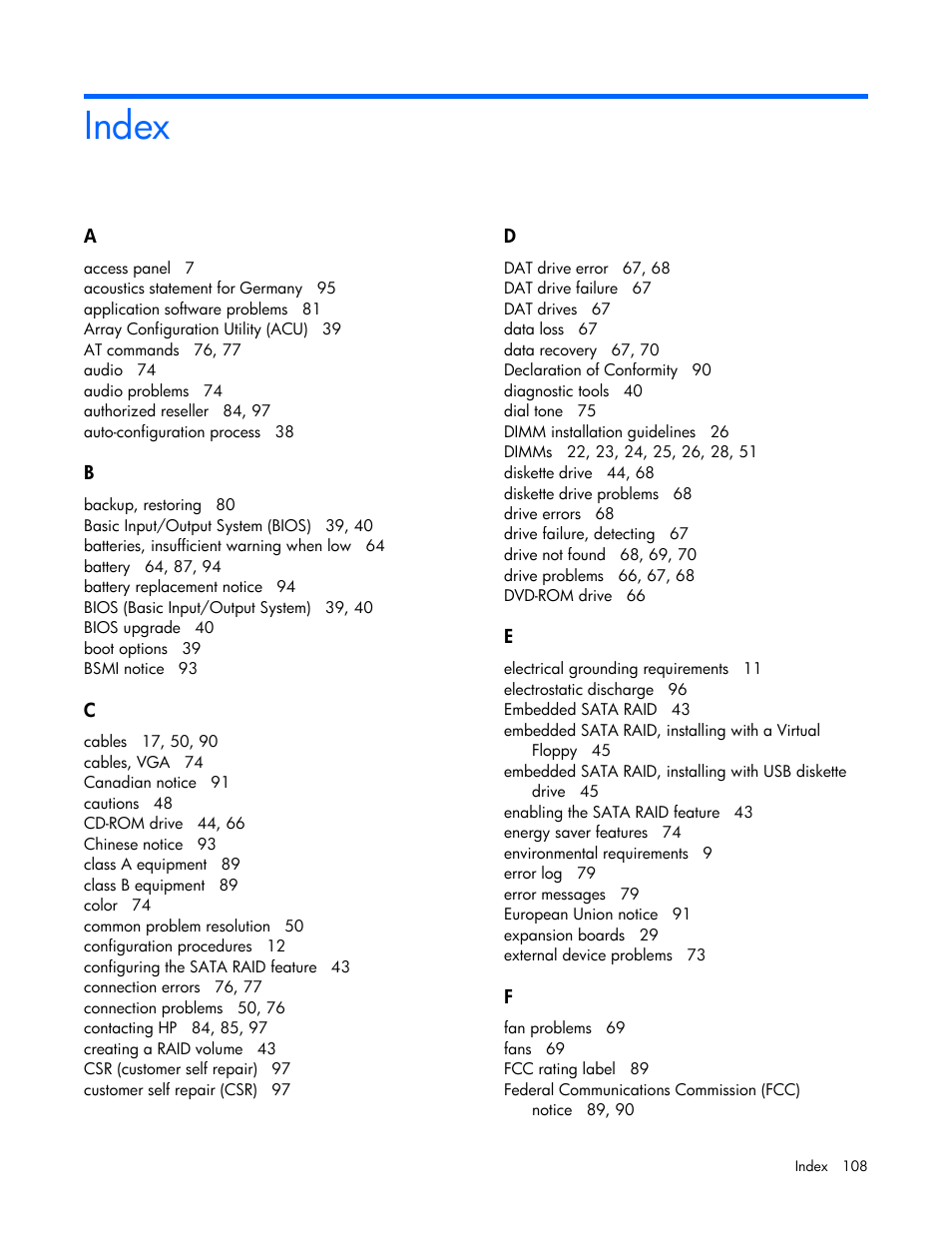 Index | HP ML100 User Manual | Page 108 / 111