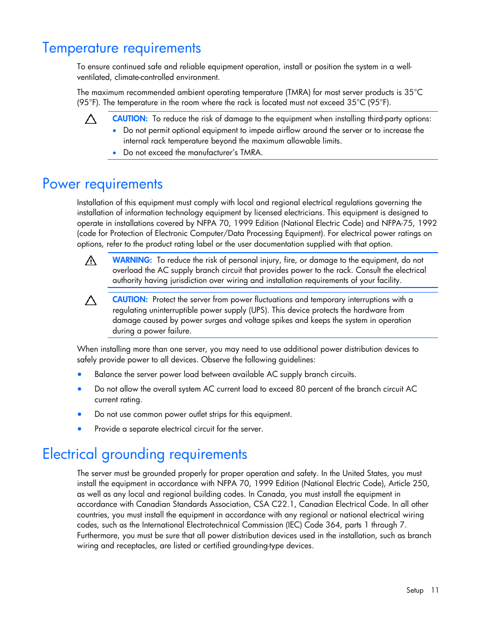 Temperature requirements, Power requirements, Electrical grounding requirements | HP ML100 User Manual | Page 11 / 111