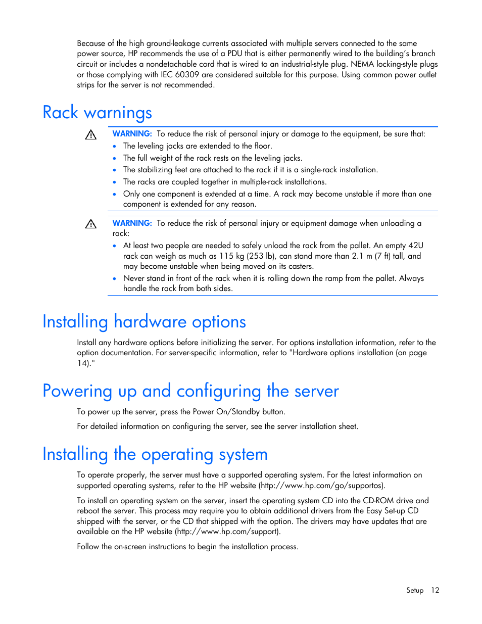 Rack warnings, Installing hardware options, Powering up and configuring the server | Installing the operating system | HP ML100 User Manual | Page 12 / 111