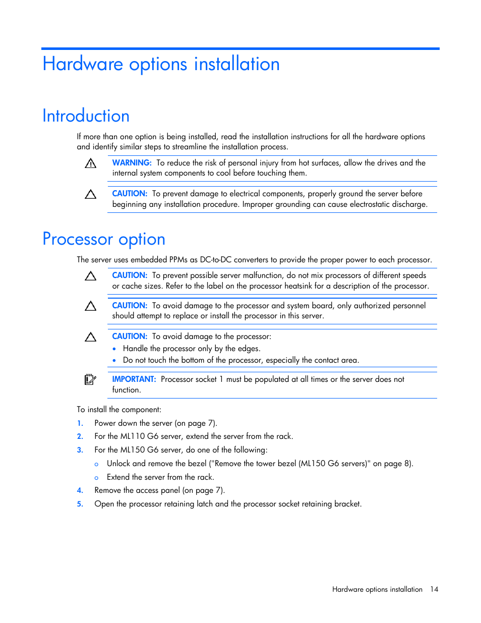 Hardware options installation, Introduction, Processor option | Introduction processor option | HP ML100 User Manual | Page 14 / 111