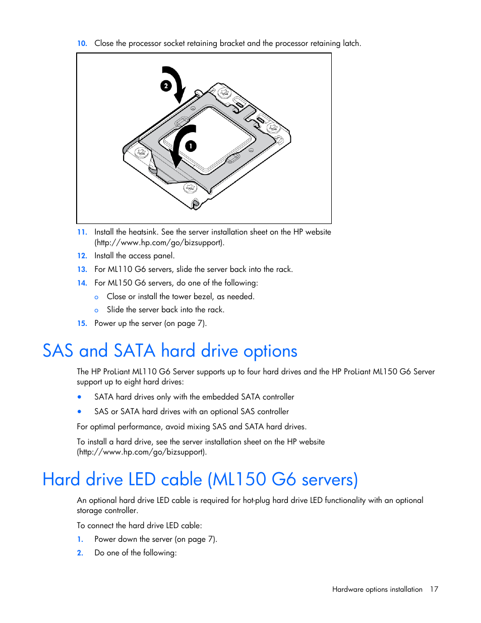 Sas and sata hard drive options, Hard drive led cable (ml150 g6 servers) | HP ML100 User Manual | Page 17 / 111