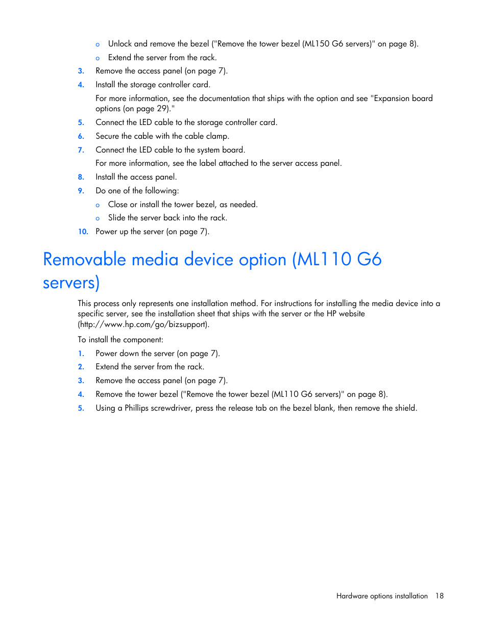 Removable media device option (ml110 g6 servers) | HP ML100 User Manual | Page 18 / 111