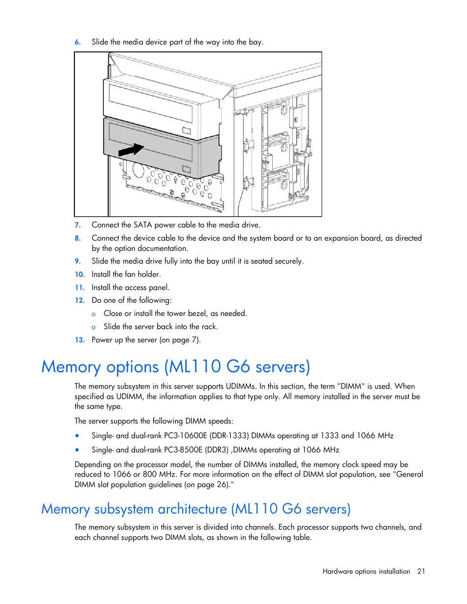 Memory options (ml110 g6 servers), Memory subsystem architecture (ml110 g6 servers) | HP ML100 User Manual | Page 21 / 111