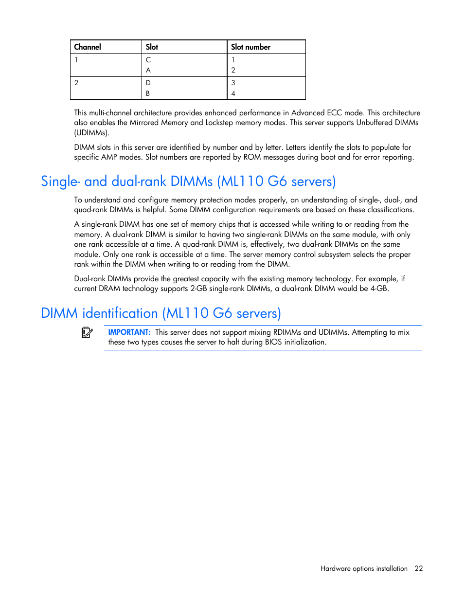 Single- and dual-rank dimms (ml110 g6 servers), Dimm identification (ml110 g6 servers) | HP ML100 User Manual | Page 22 / 111