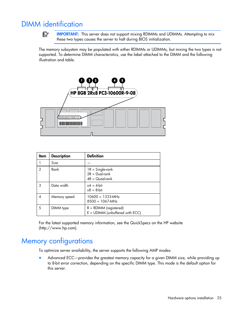 Dimm identification, Memory configurations, Dimm identification memory configurations | HP ML100 User Manual | Page 25 / 111