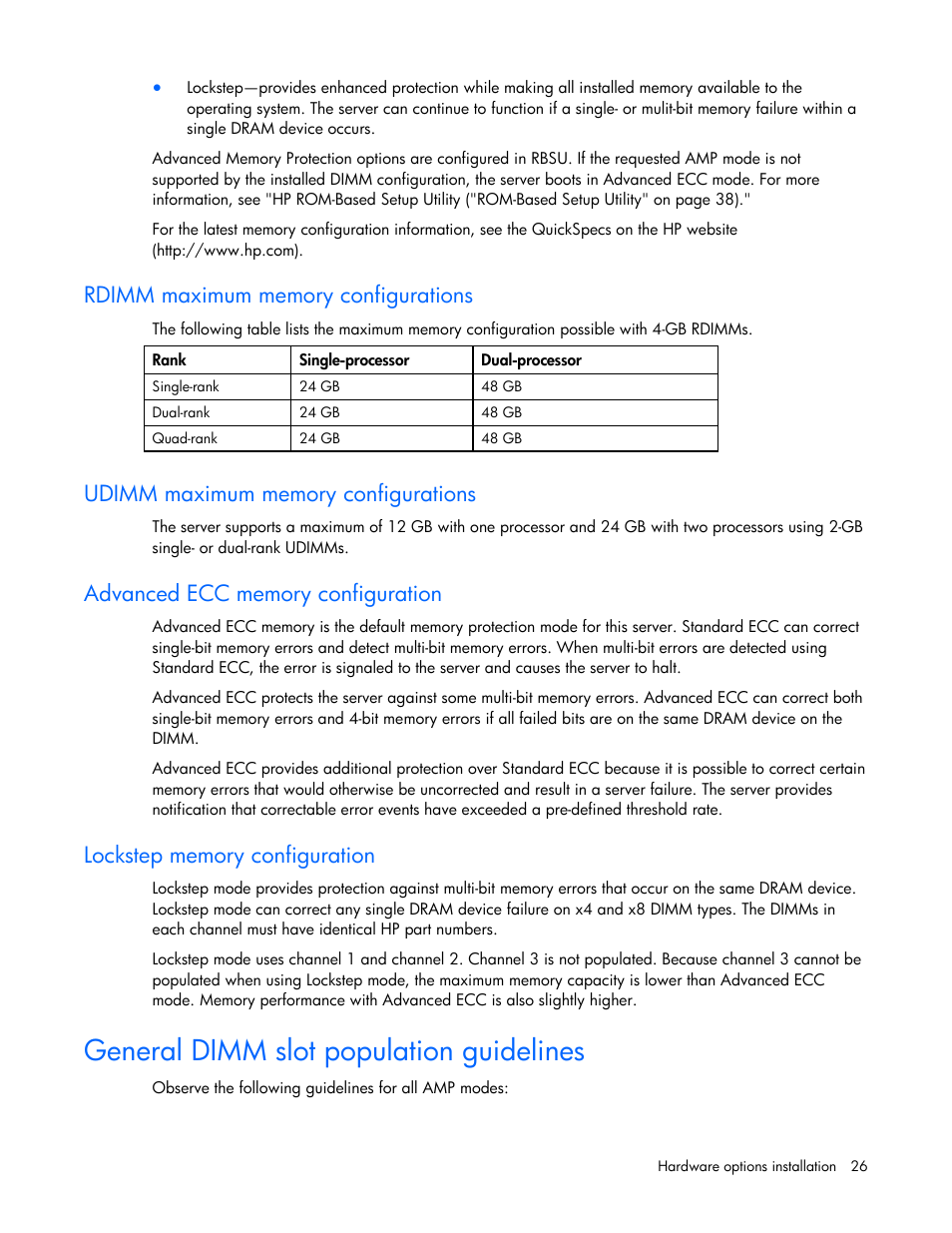 Rdimm maximum memory configurations, Udimm maximum memory configurations, Advanced ecc memory configuration | Lockstep memory configuration, General dimm slot population guidelines | HP ML100 User Manual | Page 26 / 111
