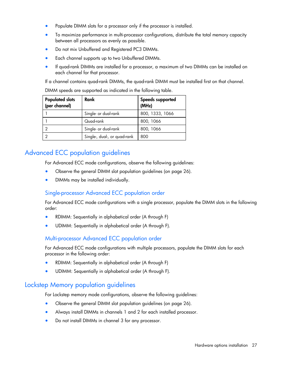 Advanced ecc population guidelines, Lockstep memory population guidelines, Lockste | HP ML100 User Manual | Page 27 / 111