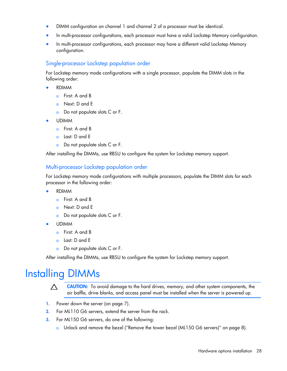 Installing dimms, Installing, Dimms | HP ML100 User Manual | Page 28 / 111