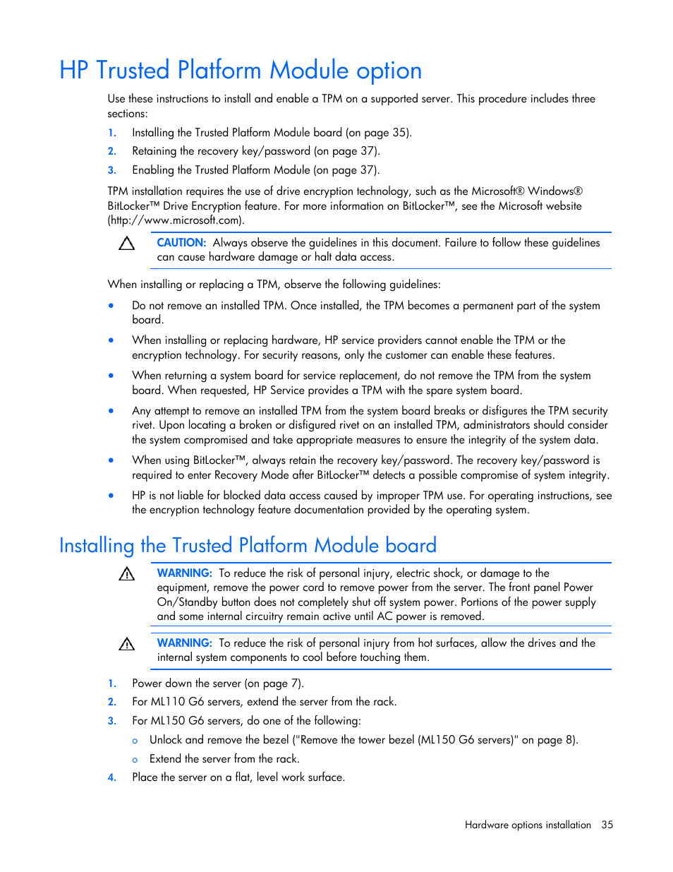 Hp trusted platform module option, Installing the trusted platform module board | HP ML100 User Manual | Page 35 / 111