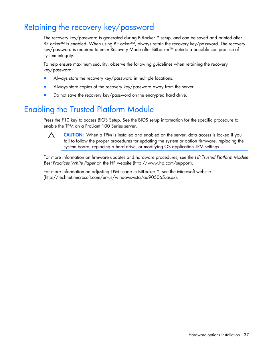 Retaining the recovery key/password, Enabling the trusted platform module | HP ML100 User Manual | Page 37 / 111