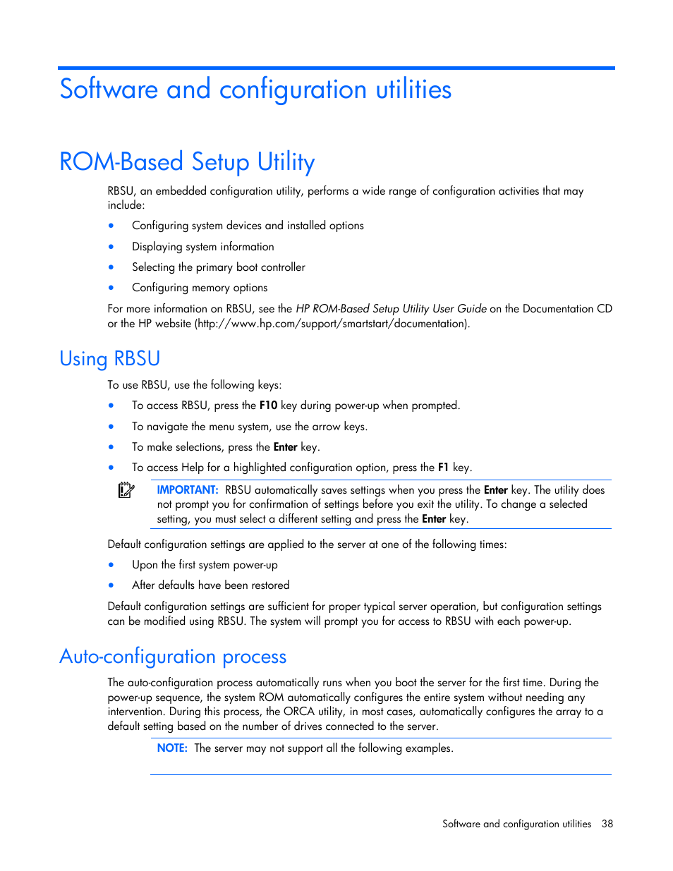 Software and configuration utilities, Rom-based setup utility, Using rbsu | Auto-configuration process, Using rbsu auto-configuration process | HP ML100 User Manual | Page 38 / 111