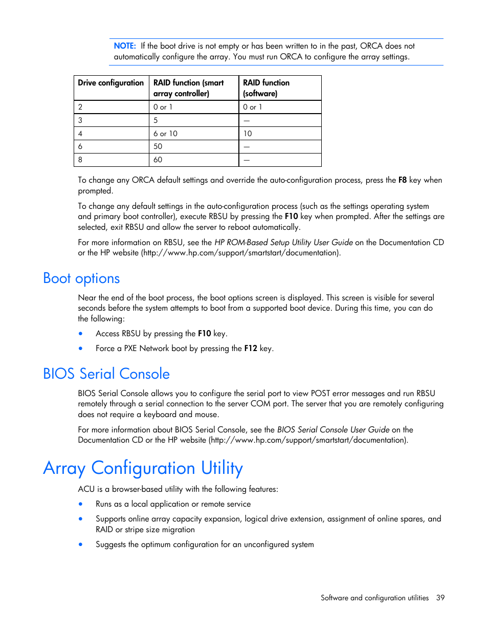 Boot options, Bios serial console, Array configuration utility | Boot options bios serial console | HP ML100 User Manual | Page 39 / 111
