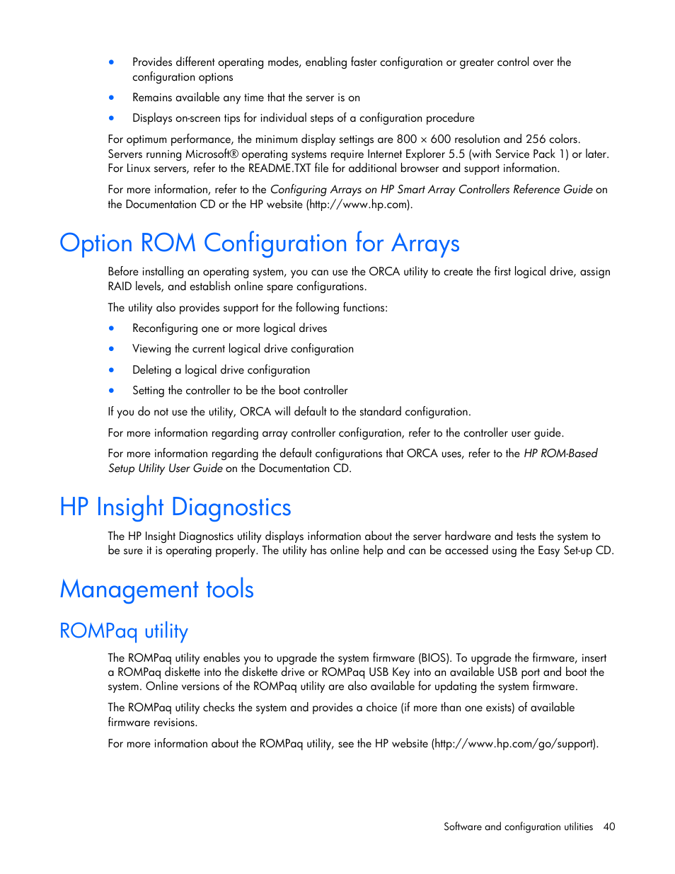 Option rom configuration for arrays, Hp insight diagnostics, Management tools | Rompaq utility, Rompaq utility lights-out 100i technology, Hp in, Tools, Sight diagnostics, Management, Paq utility | HP ML100 User Manual | Page 40 / 111