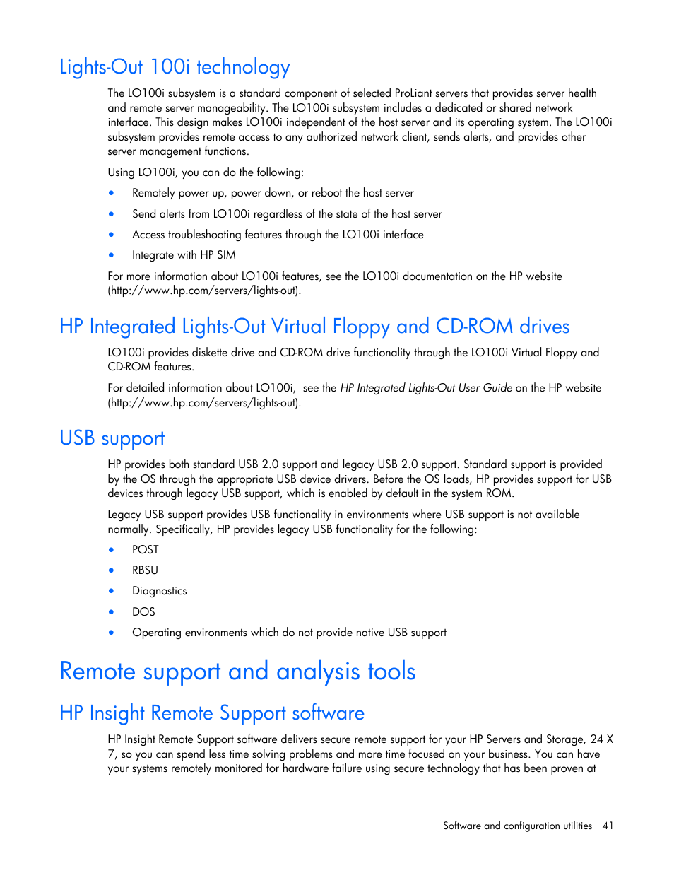 Lights-out 100i technology, Usb support, Remote support and analysis tools | Hp insight remote support software, Ote support and analysis tools, Lights, Hp in, Out 100i technology, Sight remote support software | HP ML100 User Manual | Page 41 / 111