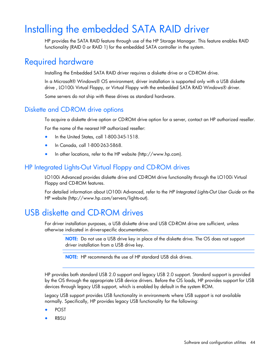 Installing the embedded sata raid driver, Required hardware, Diskette and cd-rom drive options | Usb diskette and cd-rom drives, Required hardware usb diskette and cd-rom drives, Requi, Usb diskette and cd-r, Red hardware, Om drives | HP ML100 User Manual | Page 44 / 111