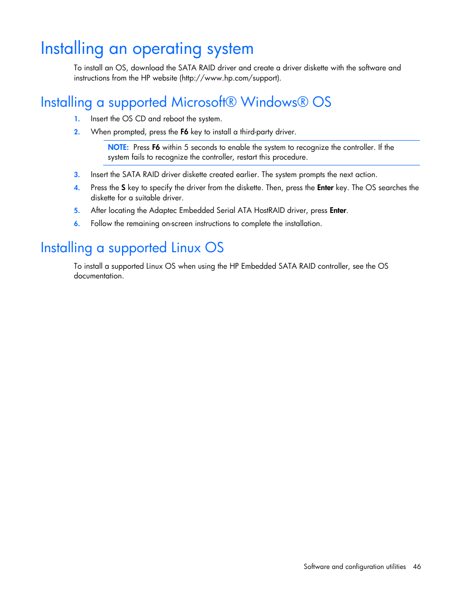 Installing an operating system, Installing a supported microsoft® windows® os, Installing a supported linux os | HP ML100 User Manual | Page 46 / 111