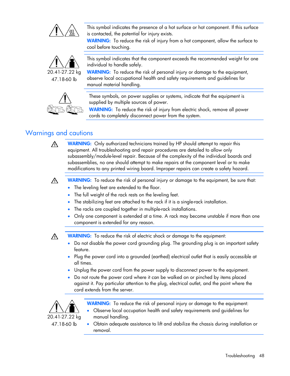 Warnings and cautions | HP ML100 User Manual | Page 48 / 111