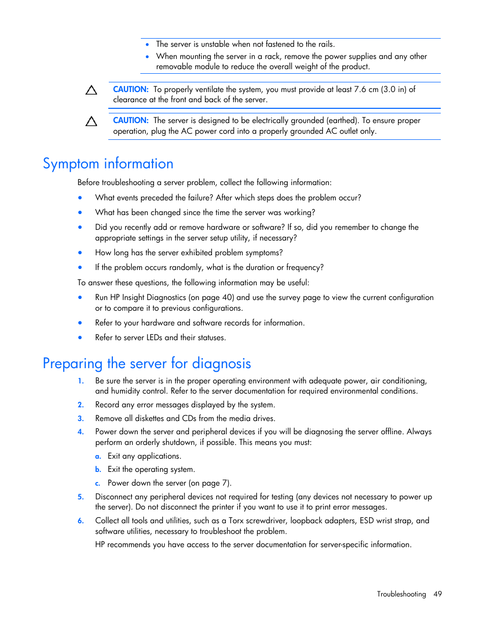 Symptom information, Preparing the server for diagnosis | HP ML100 User Manual | Page 49 / 111
