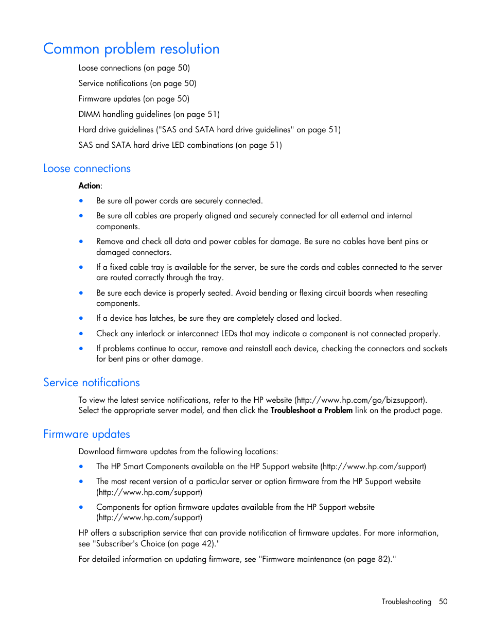Common problem resolution, Loose connections, Service notifications | Firmware updates | HP ML100 User Manual | Page 50 / 111