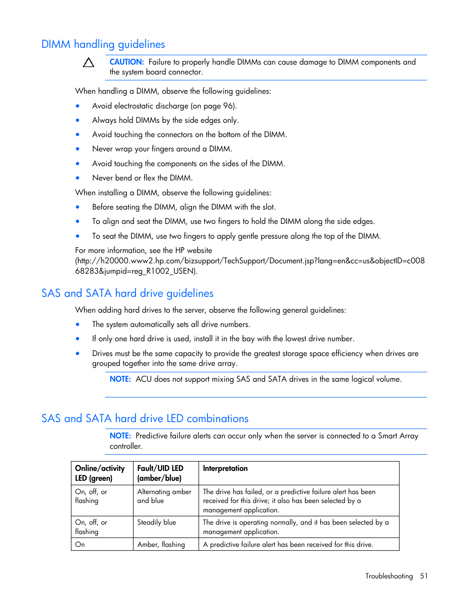 Dimm handling guidelines, Sas and sata hard drive guidelines, Sas and sata hard drive led combinations | Sas an, D sata hard drive guidelines, Sas and s ta, A hard drive led combinations | HP ML100 User Manual | Page 51 / 111